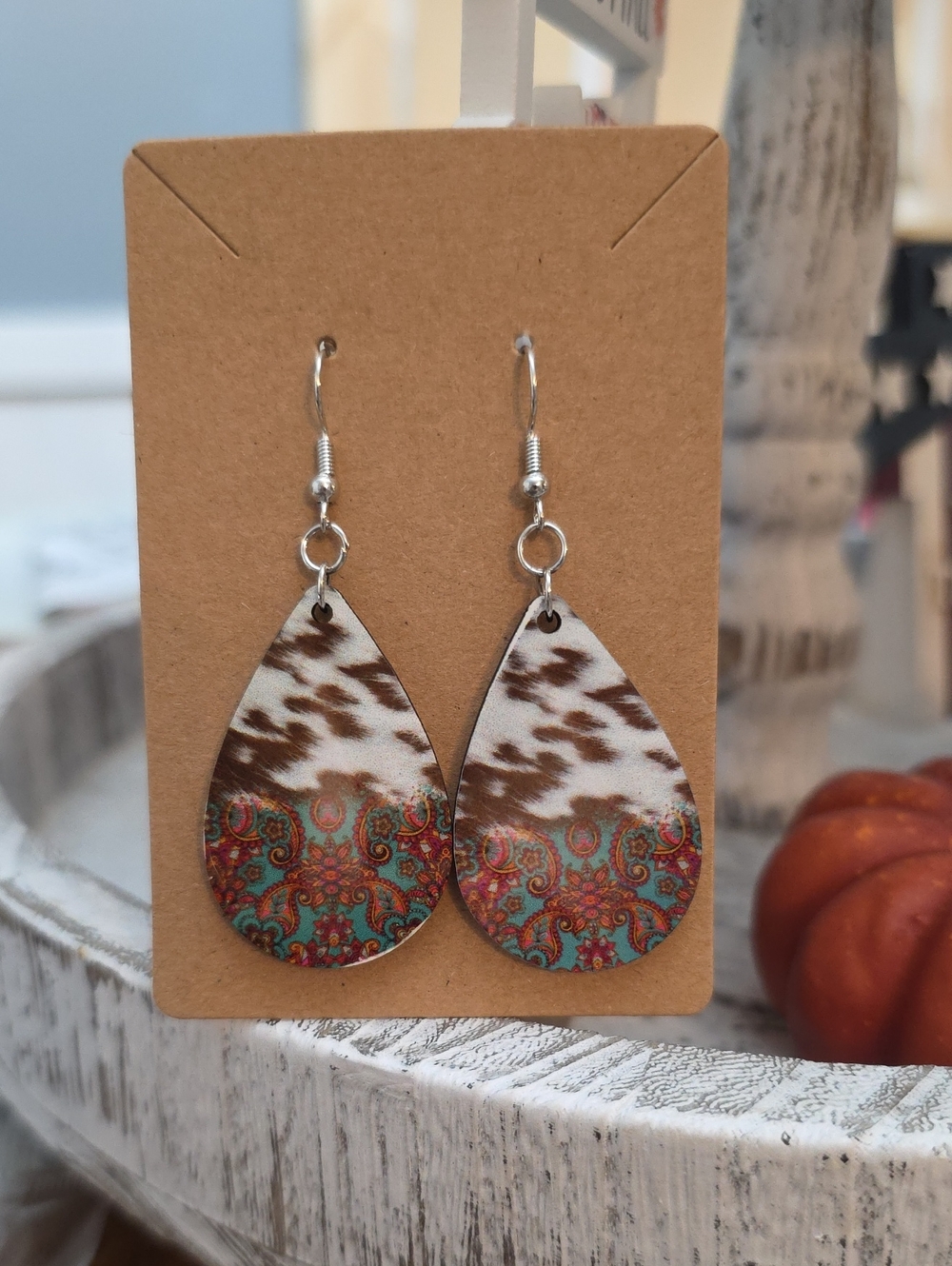 Boho Teardrop Leather Earrings in Brown and Turquoise